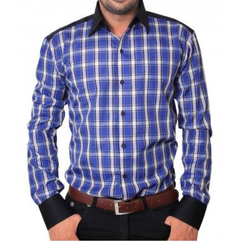 Blue White Big Checks Shirt With Contrast Cuffs And Collar TF-821